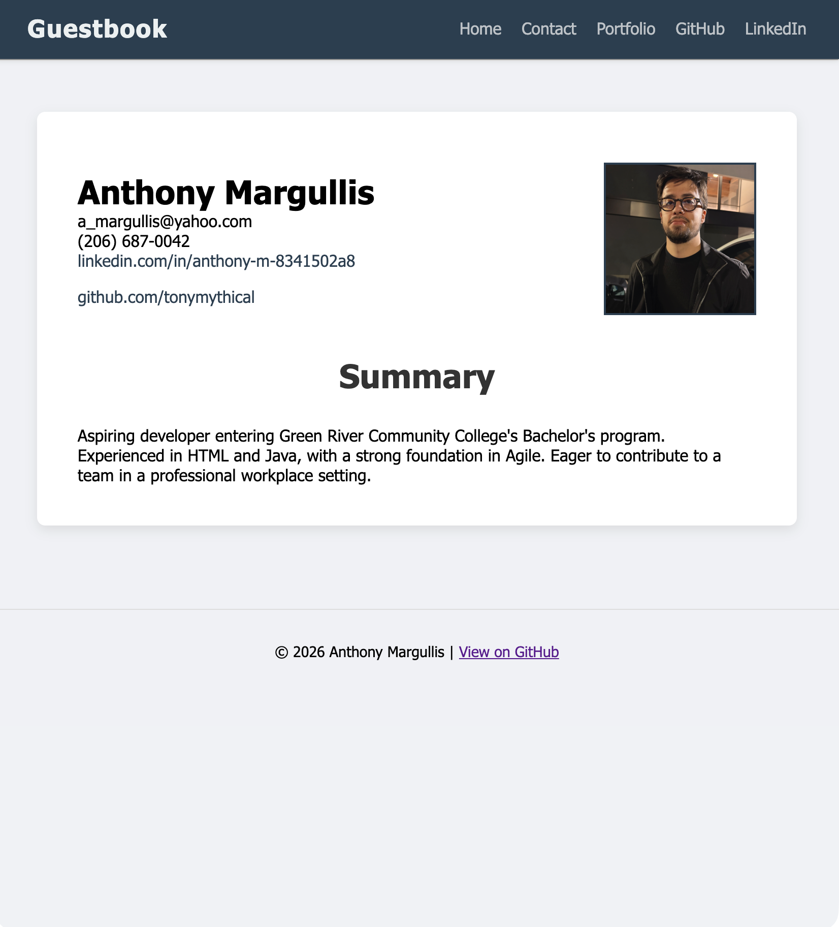 Screenshot of the Anthony Margullis portfolio home page showing the summary and contact sections